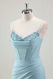 Blue Mermaid Spaghetti Straps Satin Long Corset Prom Dress with Beading