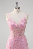 Pink Mermaid Spaghetti Straps Sequin Corset Long Prom Dress