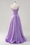 Purple A Line Spaghetti Straps Floral Long Prom Dress with Slit