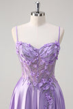 Purple A Line Spaghetti Straps Floral Long Prom Dress with Slit