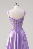 Purple A Line Spaghetti Straps Floral Long Prom Dress with Slit