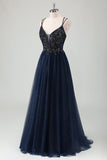 Sparkly Navy Spaghetti Straps A Line Long Prom Dress with Sequins