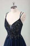 Sparkly Navy Spaghetti Straps A Line Long Prom Dress with Sequins