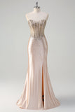 Champagne Mermaid Strapless Corset Long Prom Dress With Beading