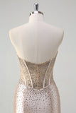 Champagne Mermaid Strapless Corset Long Prom Dress With Beading