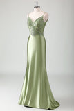 Sage Mermaid Spaghetti Straps Long Prom Dress With Sequins