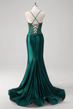 Dark Green Mermaid Pleated Sequin Corset Long Prom Dress With Lace Up Back