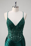 Dark Green Mermaid Pleated Sequin Corset Long Prom Dress With Lace Up Back