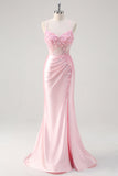 ZAPAKA Women Pink Mermaid Corset Prom Dress with Floral Appliques Satin Long Formal Dress with Slit