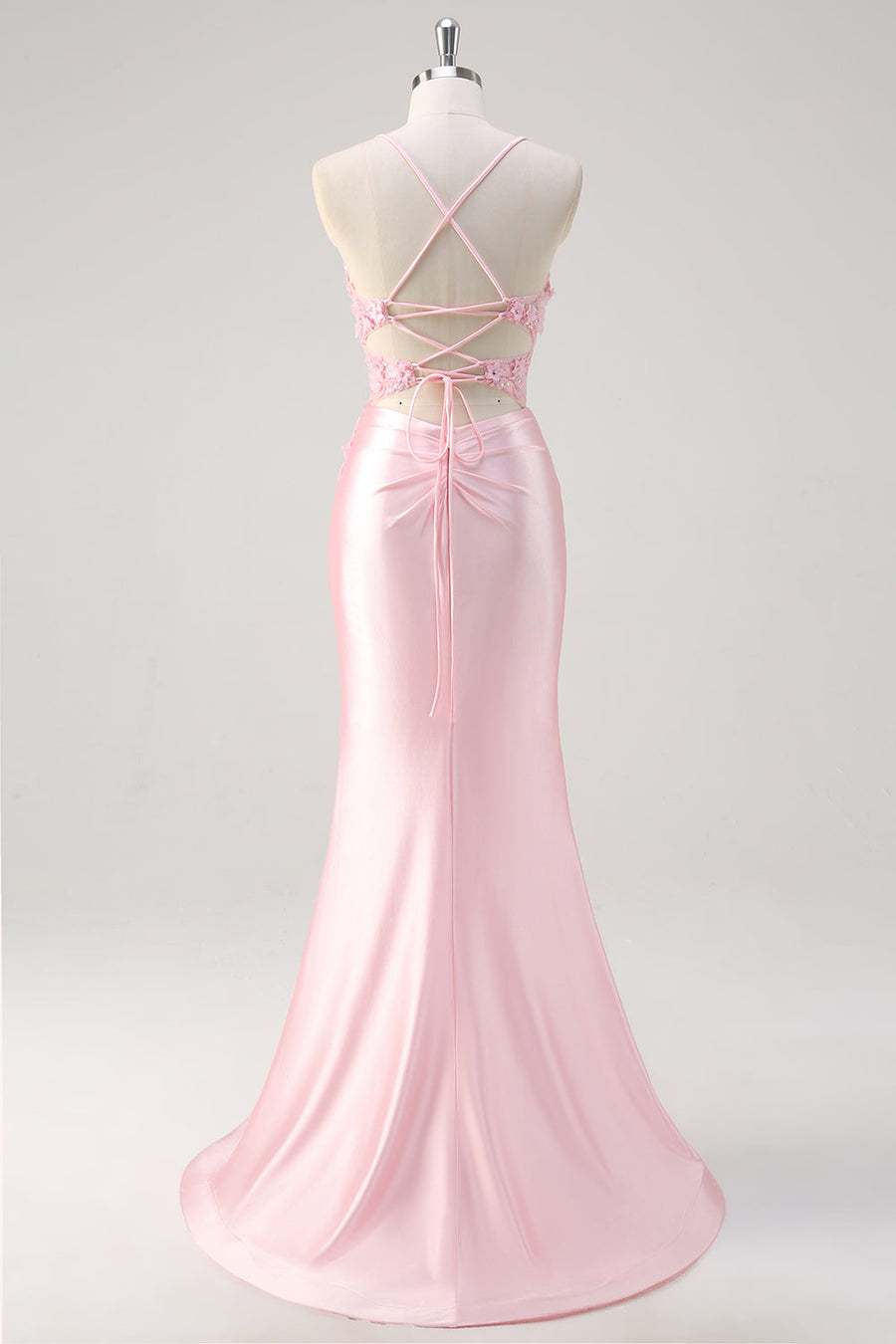 Pink Satin Mermaid Floral Corset Prom Dress with Slit