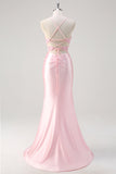 Pink Mermaid Spaghetti Straps Corset Floral Plus Size Prom Dress with Slit