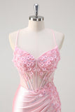 Pink Mermaid Spaghetti Straps Corset Floral Plus Size Prom Dress with Slit