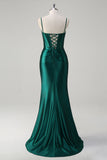 Sparkly Dark Green Corset Mermaid Beaded Long Prom Dress with Slit