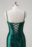 Sparkly Dark Green Mermaid Corset Beaded Long Prom Dress with Slit