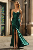 Sparkly Dark Green Corset Mermaid Beaded Long Prom Dress with Slit
