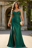 Sparkly Dark Green Mermaid Corset Beaded Long Prom Dress with Slit