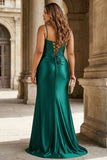 Sparkly Dark Green Mermaid Corset Beaded Long Prom Dress with Slit
