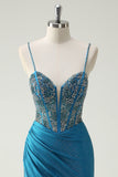 Sparkly Blue Spaghetti Straps V-Neck Ruched Long Prom Dress with Beading