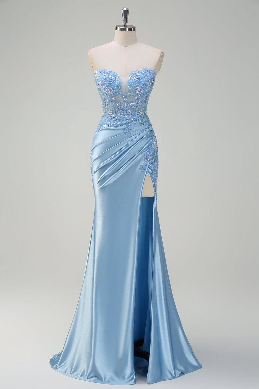 ZAPAKA Women Sparkly Light Blue Long Prom Dress Mermaid Strapless Appliques Sequin Corset Evening Dress with Slit