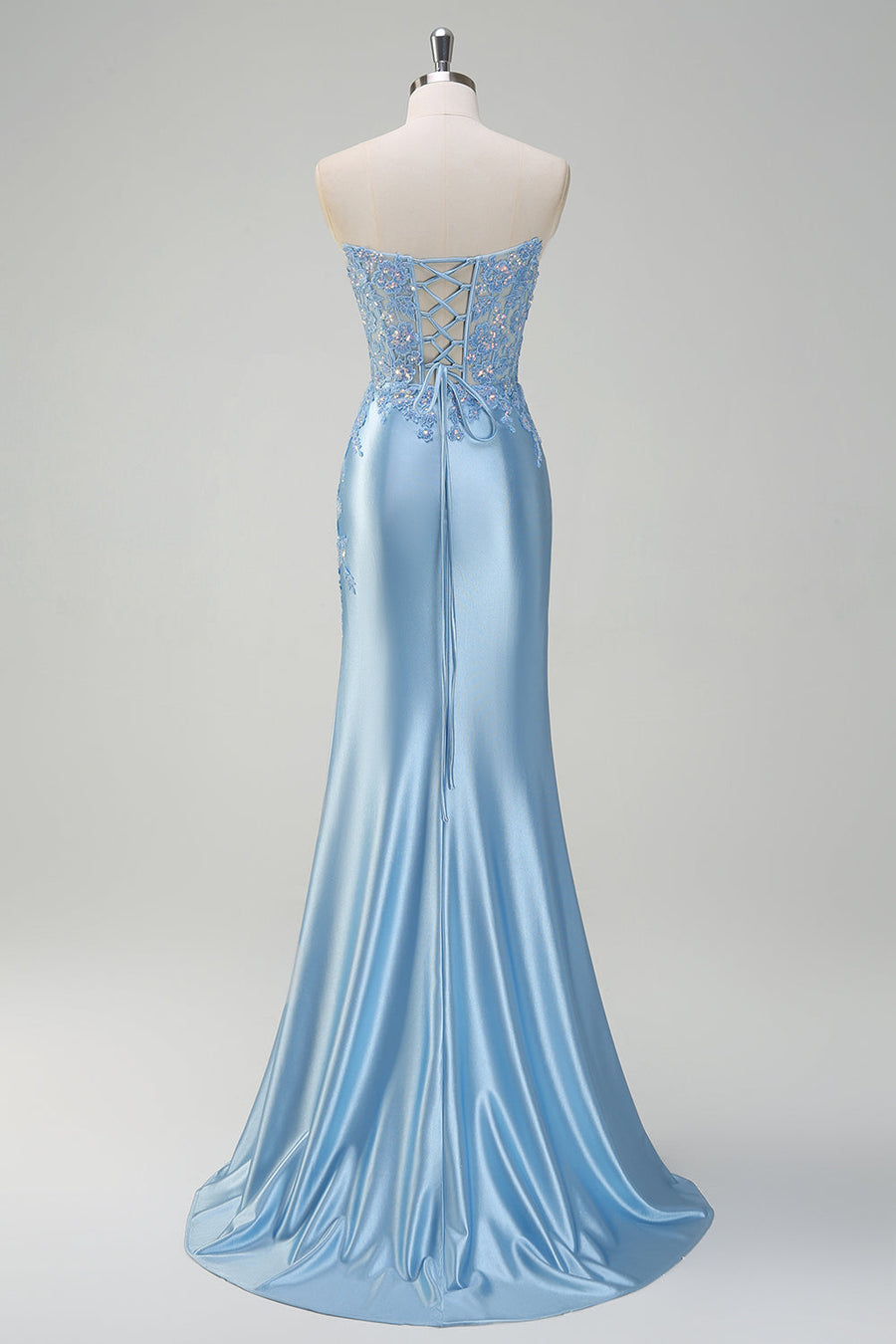 ZAPAKA Women Sparkly Light Blue Long Prom Dress Mermaid Strapless Appliques Sequin Corset Evening Dress with Slit