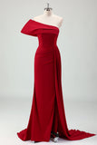 Burgundy Mermaid One Shoulder Satin Long Bridesmaid Dress with Slit