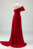 Burgundy Mermaid One Shoulder Satin Long Bridesmaid Dress with Slit