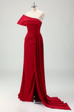 Burgundy Mermaid One Shoulder Satin Long Bridesmaid Dress with Slit