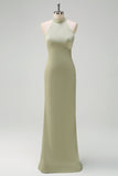 Elegant Sage Halter Mermaid Satin Floor Length Bridesmaid Dress