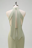 Elegant Sage Halter Mermaid Satin Floor Length Bridesmaid Dress