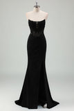 Sparkly Black Mermaid Strapless Corset Appliqued Long Prom Dress with Slit