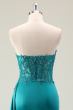 Green Sheath Sweetheart Corset Beaded Long Prom Dress with Appliqued Lace