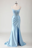 Blue Mermaid Corset Spaghetti Straps Appliqued Long Prom Dress