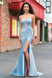 Blue Mermaid Spaghetti Straps Appliqued Long Prom Dress with Slit