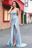 Blue Mermaid Spaghetti Straps Appliqued Long Prom Dress with Slit