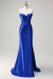 Royal Blue Mermaid Strapless Corset Sequin Ruched Long Prom Dress with Slit