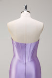 Sparkly Lilac Mermaid Strapless Corset Sequin Satin Long Prom Dress with Slit