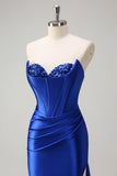 Royal Blue Mermaid Strapless Corset Sequin Ruched Long Prom Dress with Slit