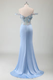 Sky Blue Mermaid Off The Shoulder Corset Long Prom Dress With Slit