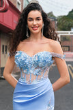 Mermaid Sky Blue Off The Shoulder Corset Long Prom Dress With Slit