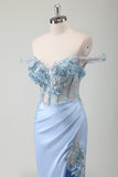 Sky Blue Mermaid Off The Shoulder Corset Long Prom Dress With Slit