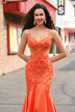 Orange Mermaid Corset Spaghetti Straps Beaded Long Prom Dress