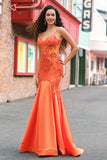 Orange Mermaid Corset Spaghetti Straps Beaded Long Prom Dress