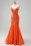 Orange Mermaid Spaghetti Straps Beaded Long Prom Dress