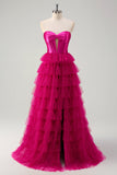 Fuchsia Princess Strapless Cut Out Tiered Tulle Long Prom Dresses