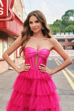 Fuchsia Princess Strapless Cut Out Tiered Tulle Long Prom Dresses