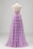 Sparkly A Line Tiered Lilac Sequins Prom Dress with Slit