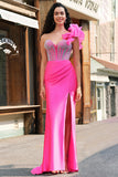 Mermaid Fuchsia One Shoulder Removable Ruffles Long Prom Dress with Slit