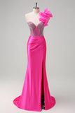 Sparkly Fuchsia Mermaid One Shoulder Removable Ruffles Long Prom Dress with Slit