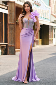 Sparkly Lilac Mermaid Beaded Corset One Shoulder Long Prom Dress