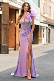 Mermaid Fuchsia One Shoulder Removable Ruffles Long Prom Dress with Slit